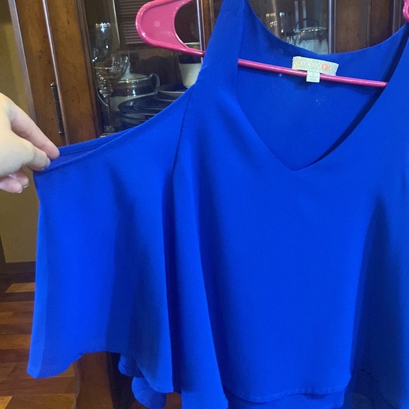 Royal Blue Open Shoulder Tank Top Long Sleeve - Picture 2 of 7